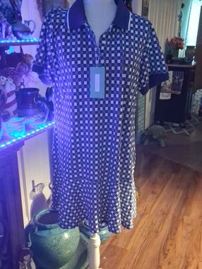 A New Blue Check Polo Ruffle Hem Dress by New Collection Size L